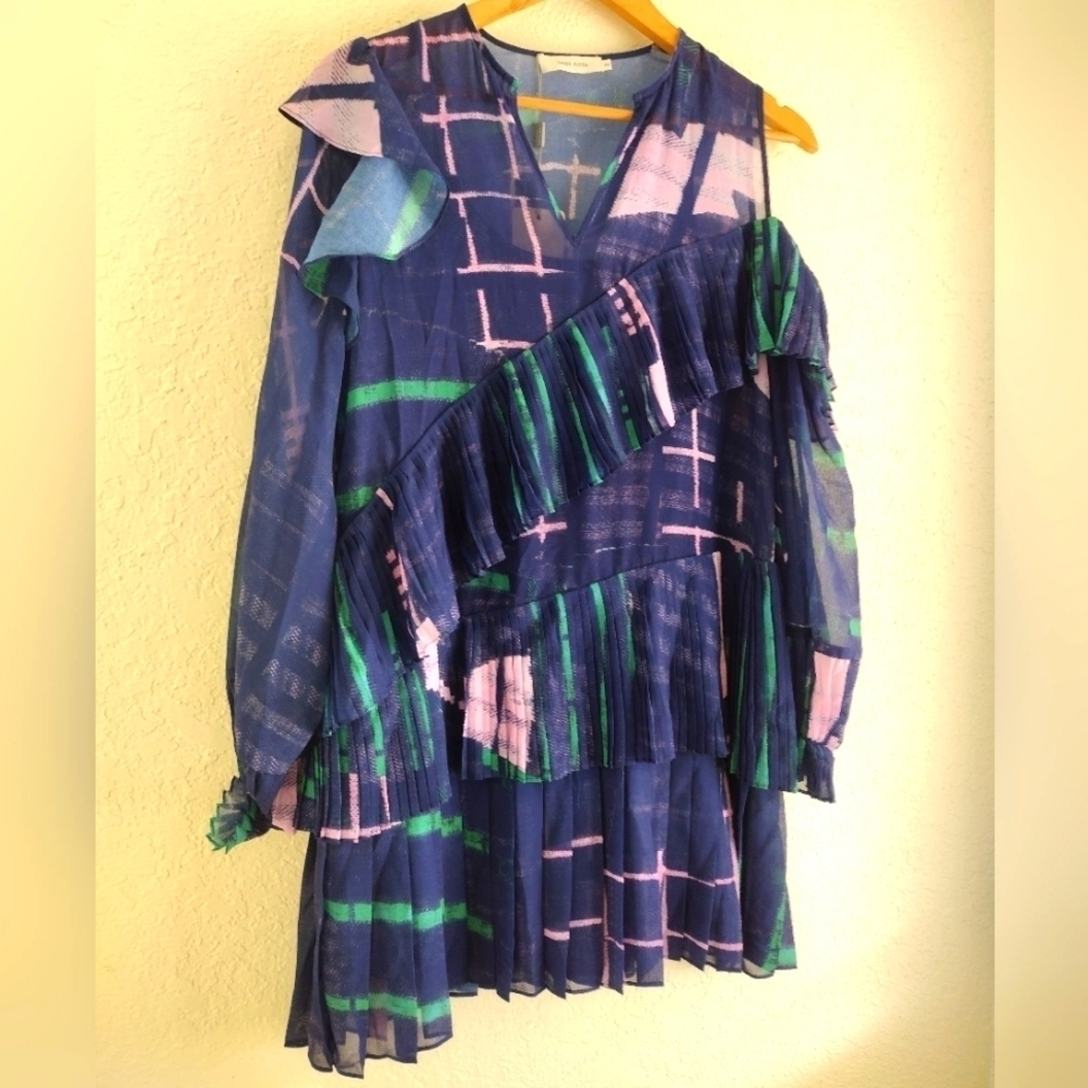 Three Floor Tiered Pleated Mini Dress Cold Shoulder Ruffle Geometric Print Party - Picture 3 of 8